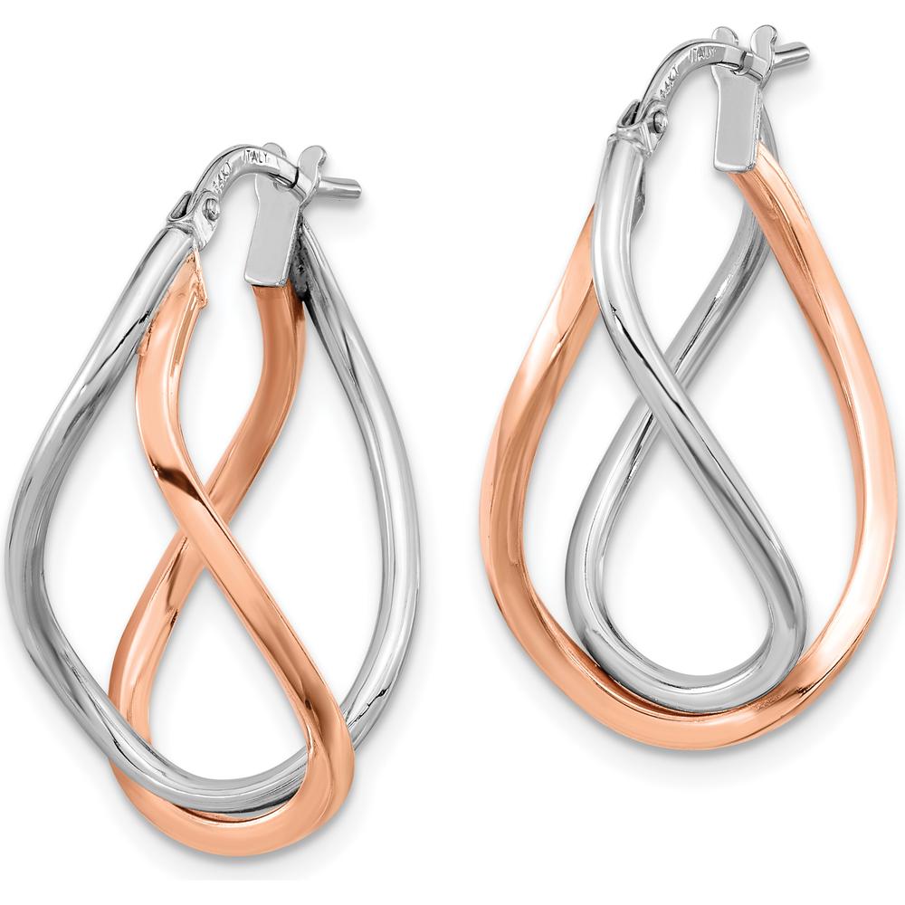 14K Yellow Gold Twisted Hoop Earrings with Rose Gold Plating and Rhodium Finish - 29mm Length by 0