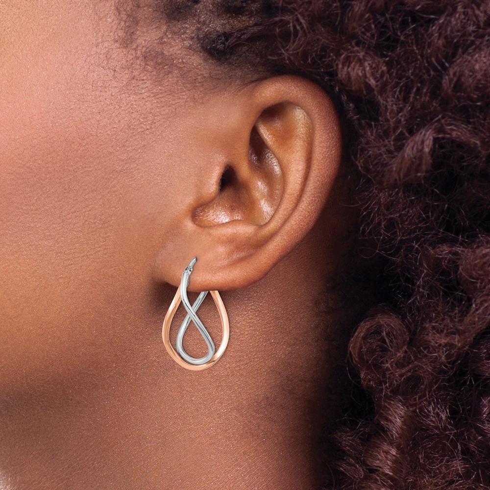 14K Yellow Gold Twisted Hoop Earrings with Rose Gold Plating and Rhodium Finish - 29mm Length by 0