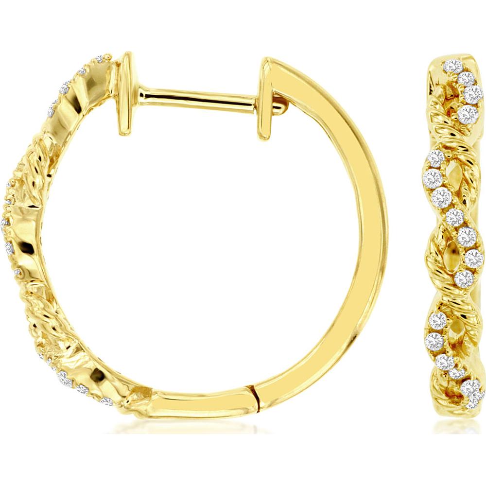 14K Yellow Gold Twisted Hoop Earrings with Round Diamonds - 0.15 Carats Total Diamond Weight