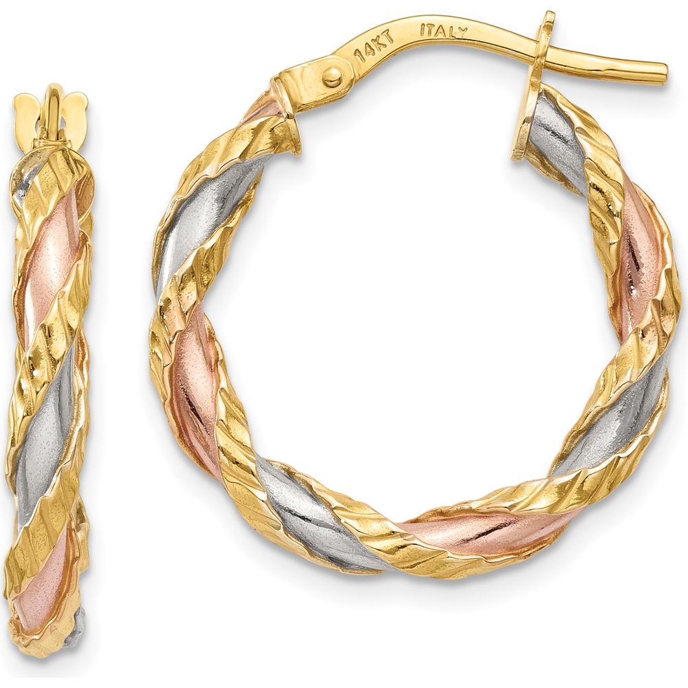 14K Yellow Gold Twisted Hoop Earrings with White & Rose Rhodium Textured Detailing - 23mm by 0