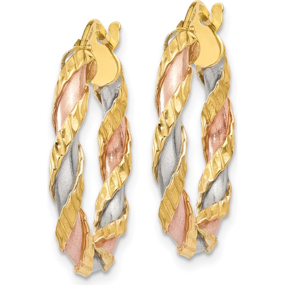 14K Yellow Gold Twisted Hoop Earrings with White & Rose Rhodium Textured Detailing - 23mm by 0