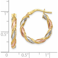 14K Yellow Gold Twisted Hoop Earrings with White & Rose Rhodium Textured Detailing - 23mm by 0