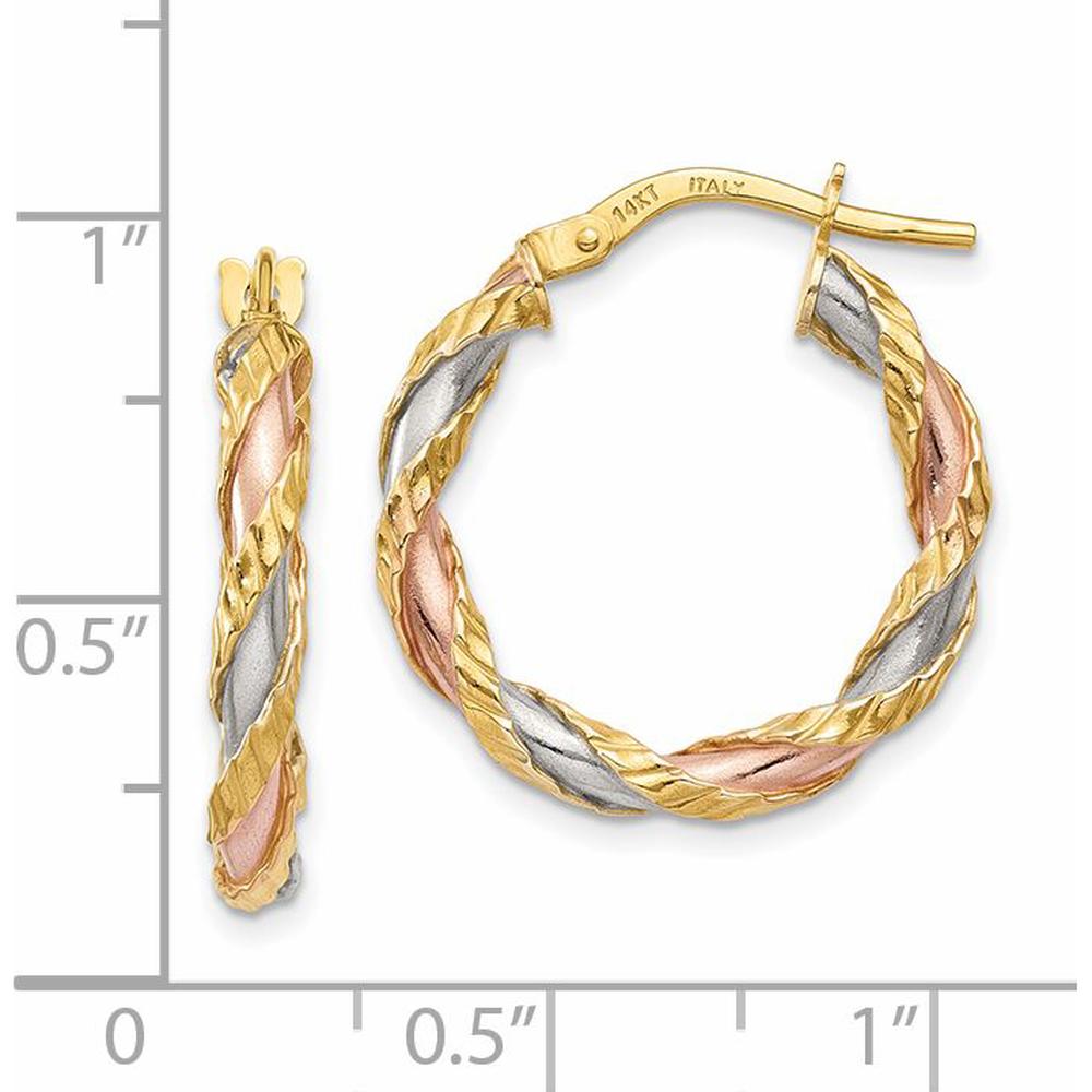14K Yellow Gold Twisted Hoop Earrings with White & Rose Rhodium Textured Detailing - 23mm by 0