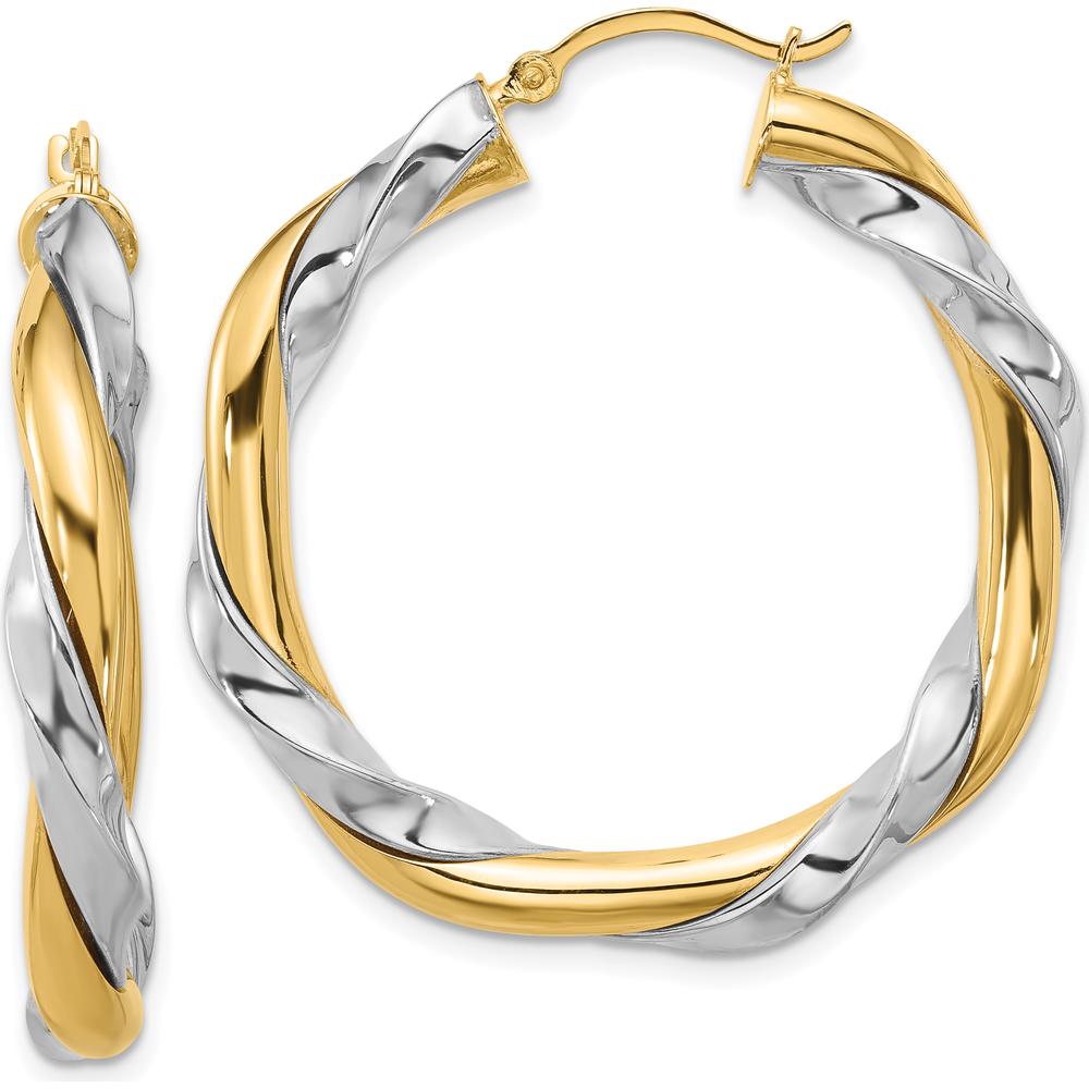 14K Yellow Gold Twisted Hoop Earrings with White Rhodium Finish - 26mm Length by Oro Pregiato