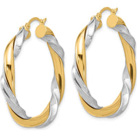 14K Yellow Gold Twisted Hoop Earrings with White Rhodium Finish - 26mm Length by Oro Pregiato