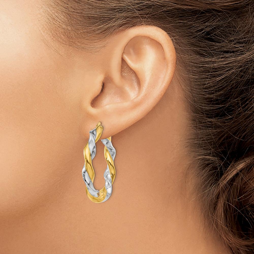 14K Yellow Gold Twisted Hoop Earrings with White Rhodium Finish - 26mm Length by Oro Pregiato
