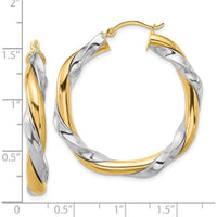 14K Yellow Gold Twisted Hoop Earrings with White Rhodium Finish - 26mm Length by Oro Pregiato