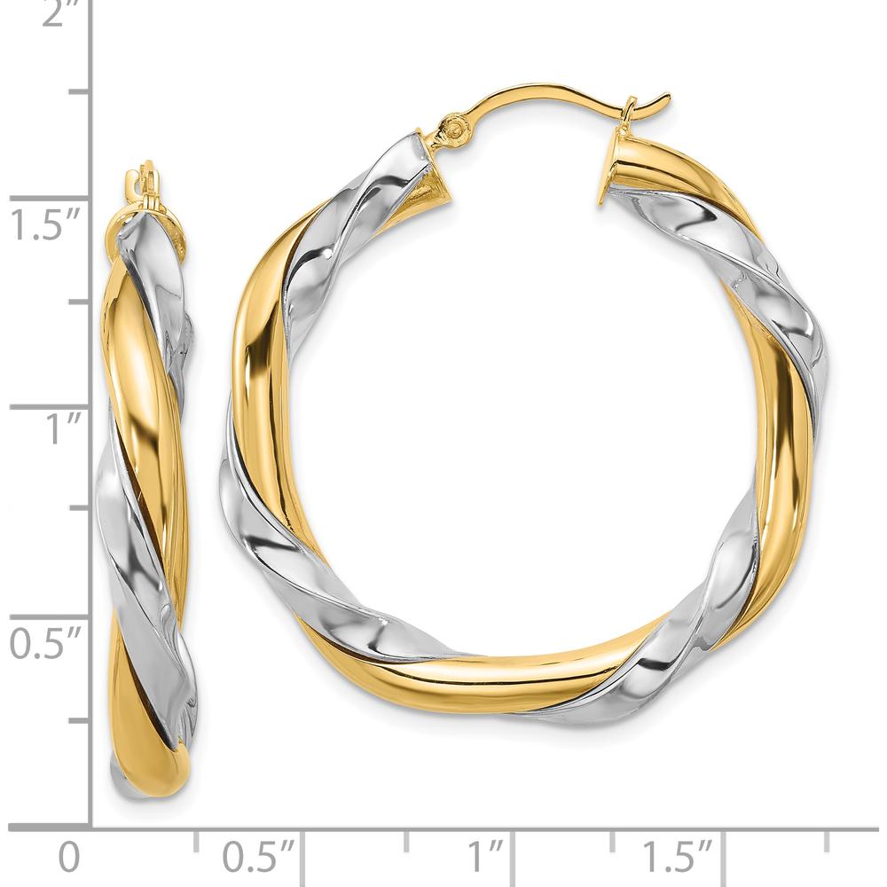 14K Yellow Gold Twisted Hoop Earrings with White Rhodium Finish - 26mm Length by Oro Pregiato