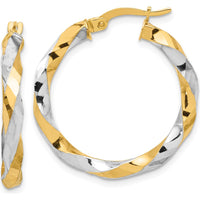 14K Yellow Gold Twisted Hoop Earrings with White Rhodium Polished Finish - 27.5mm Length by 0