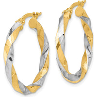 14K Yellow Gold Twisted Hoop Earrings with White Rhodium Polished Finish - 27.5mm Length by 0