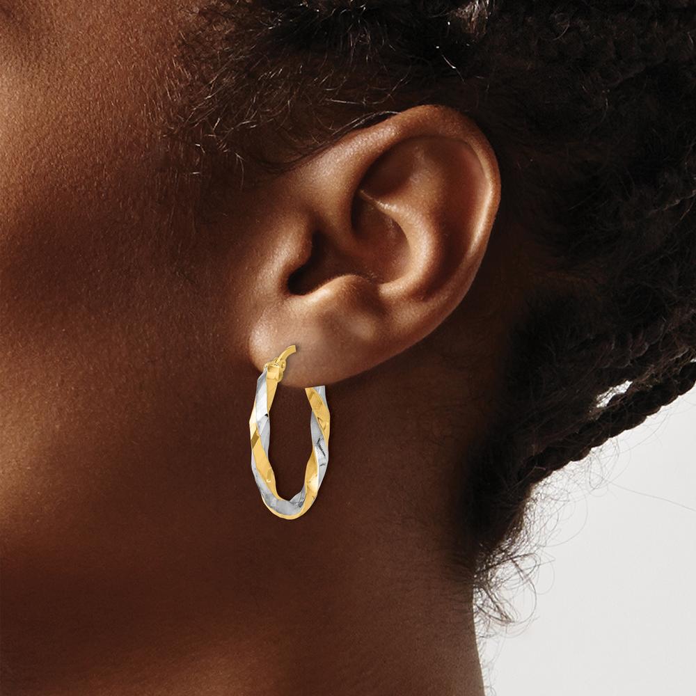 14K Yellow Gold Twisted Hoop Earrings with White Rhodium Polished Finish - 27.5mm Length by 0