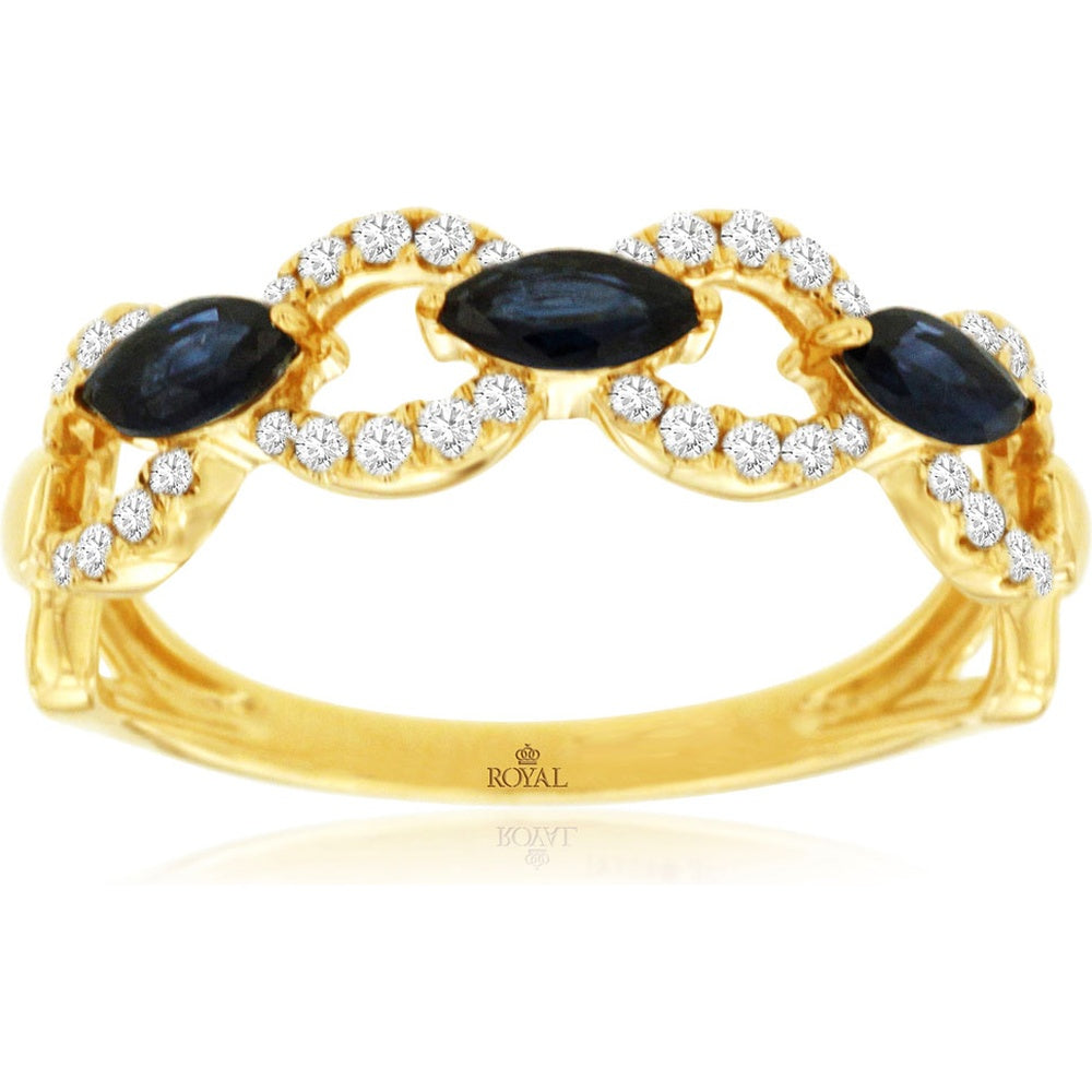14K Yellow Gold Twisted Infinity Ring with Marquise Cut Sapphires and Round Diamond Accents - 0.57 Carat Sapphire and 0.20 Carat Diamond Total Weight - Royal Jewelry