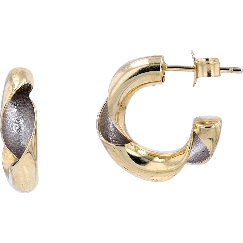 14K Yellow Gold Twisted J-Hoop Earrings with Polished and Textured Design - 3.27g Total Weight