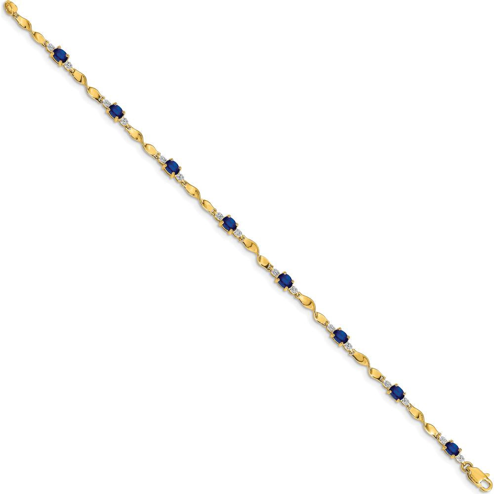 14K Yellow Gold Twisted Link Bracelet with Oval Blue Sapphires and Round Diamonds - 0.22 Carats Total Sapphire Weight, 0.005 Carats Total Diamond Weight by Monteluci Fine Jewelry
