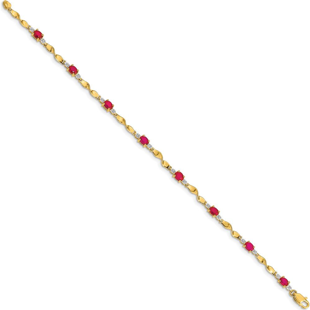 14K Yellow Gold Twisted Link Bracelet with Oval Rubies and Diamond Accents - 0.22 Carats Ruby Weight, 0.01 Carats Total Diamond Weight by Monteluci Fine Jewelry