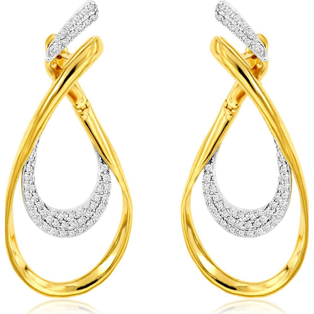 14K Yellow Gold Twisted Loop Drop Earrings with Pave Set Round Diamonds - 0.30 Carat Total Diamond Weight - Royal Jewelry