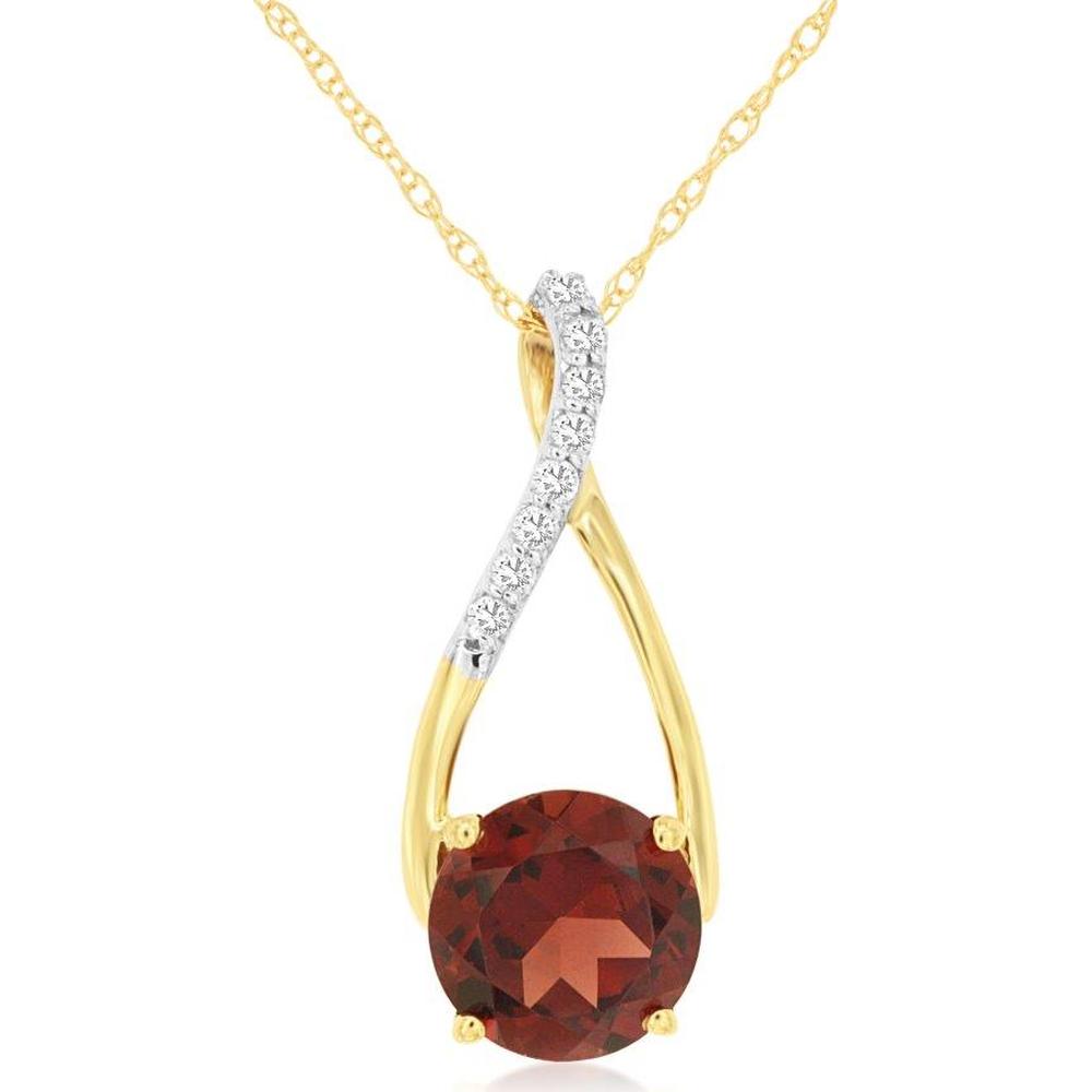 14K Yellow Gold Twisted Loop Pendant with Round Garnet and Diamond Accent - 1.55 Carat Garnet and 0.05 Carat Diamond Total Weight - Royal Jewelry