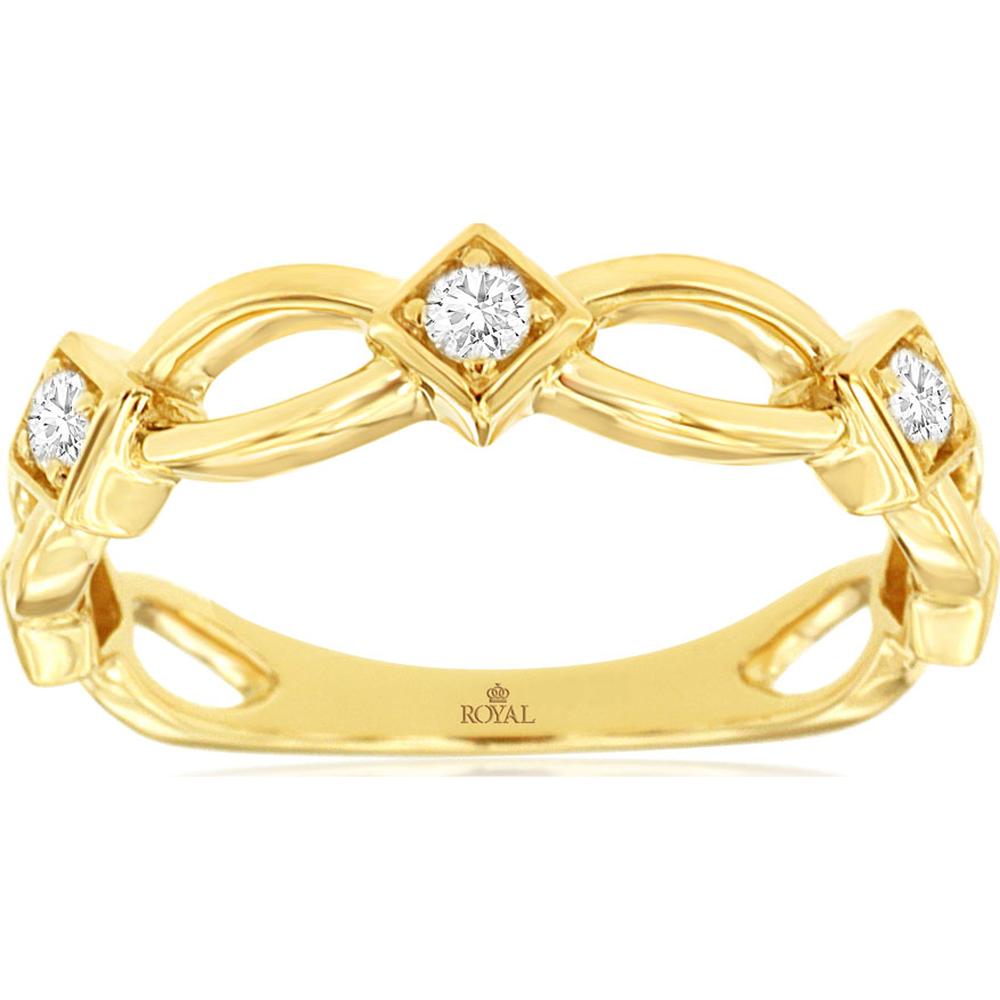 14K Yellow Gold Twisted Openwork Diamond Ring with Three Round Brilliant Cut Diamonds - 0.12 Carat Total Diamond Weight - Royal Jewelry