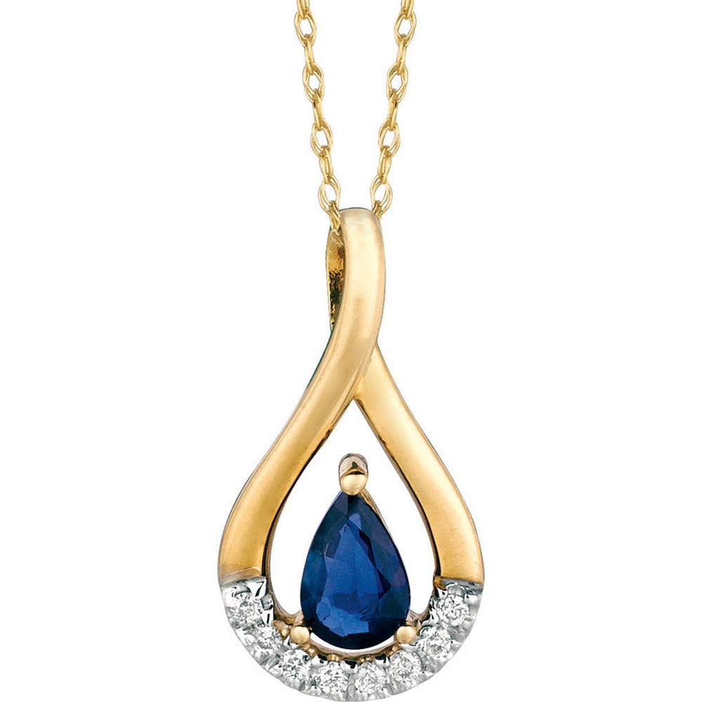 14K Yellow Gold Twisted Pendant with Pear-Shaped Sapphire and Diamond Crescent Accent - 0.55 Carat Sapphire and 0.06 Carat Total Diamond Weight - Royal Jewelry