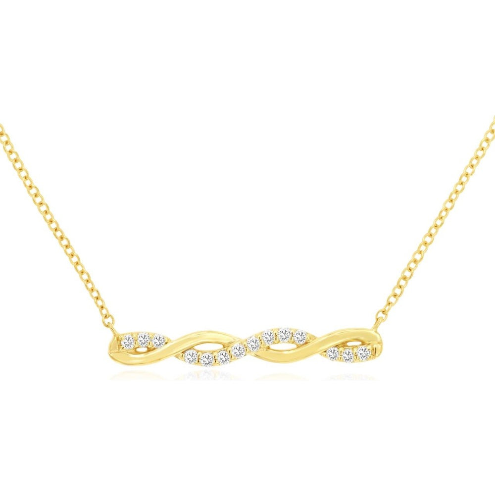 14K Yellow Gold Twisted Ribbon Bar Necklace with Prong-Set Round Diamonds - 0.15 Carat Total Diamond Weight - Royal Jewelry