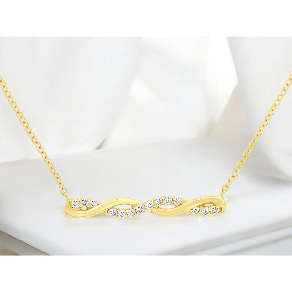 14K Yellow Gold Twisted Ribbon Bar Necklace with Prong-Set Round Diamonds - 0.15 Carat Total Diamond Weight - Royal Jewelry