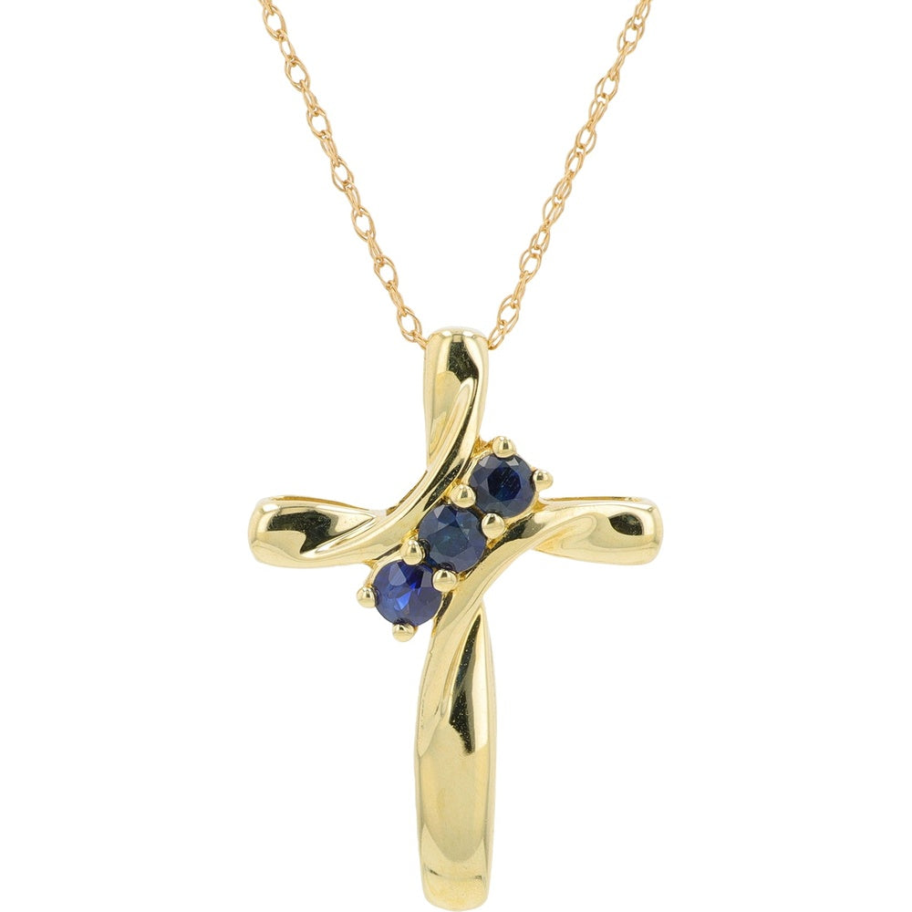 14K Yellow Gold Twisted Ribbon Cross Pendant with Prong-Set Round Blue Sapphires - 0.25 Carat Total Sapphire Weight