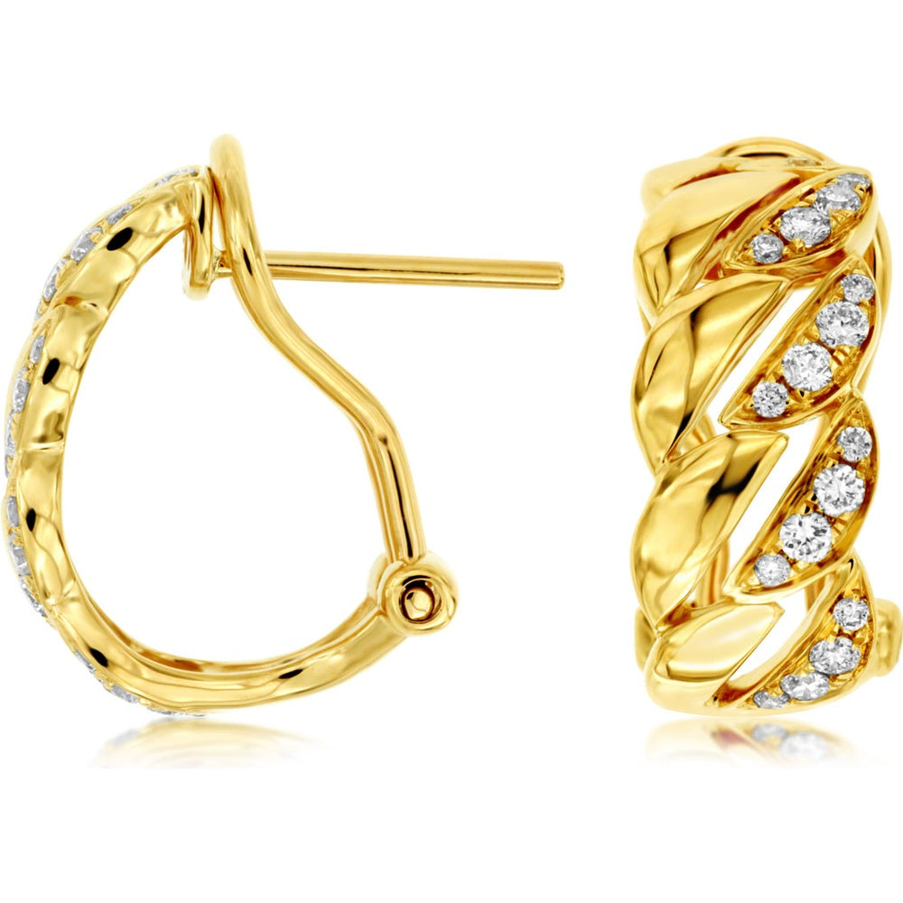 14K Yellow Gold Twisted Ribbon Hoop Earrings with Bead-Set Round Diamonds - 0.25 Carat Total Diamond Weight - Royal Jewelry