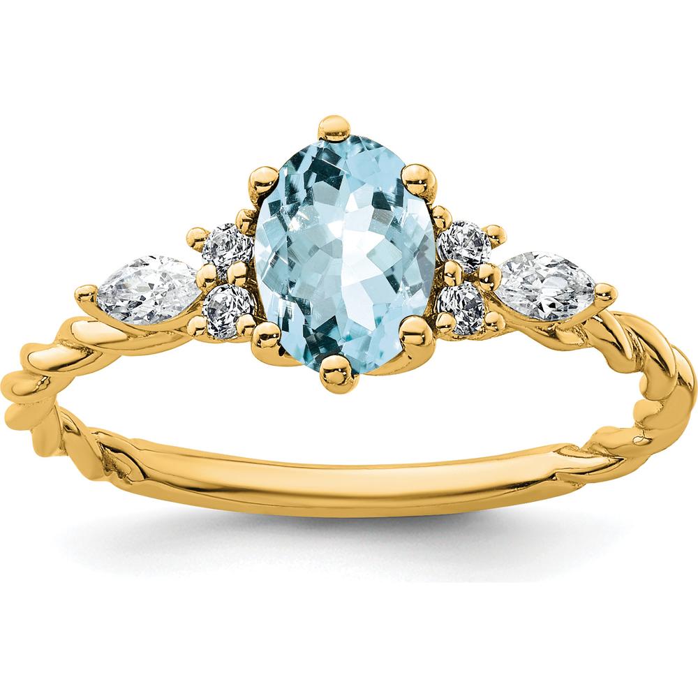 14K Yellow Gold Twisted Ring with Oval Aquamarine and Marquise Diamond Accent - 0.35 Carat Total Diamond Weight by 0