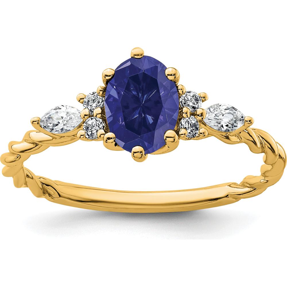 14K Yellow Gold Twisted Ring with Oval Lab-Created Sapphire and Round & Marquise Diamonds - 0.92 Carat Total Diamond Weight by 0