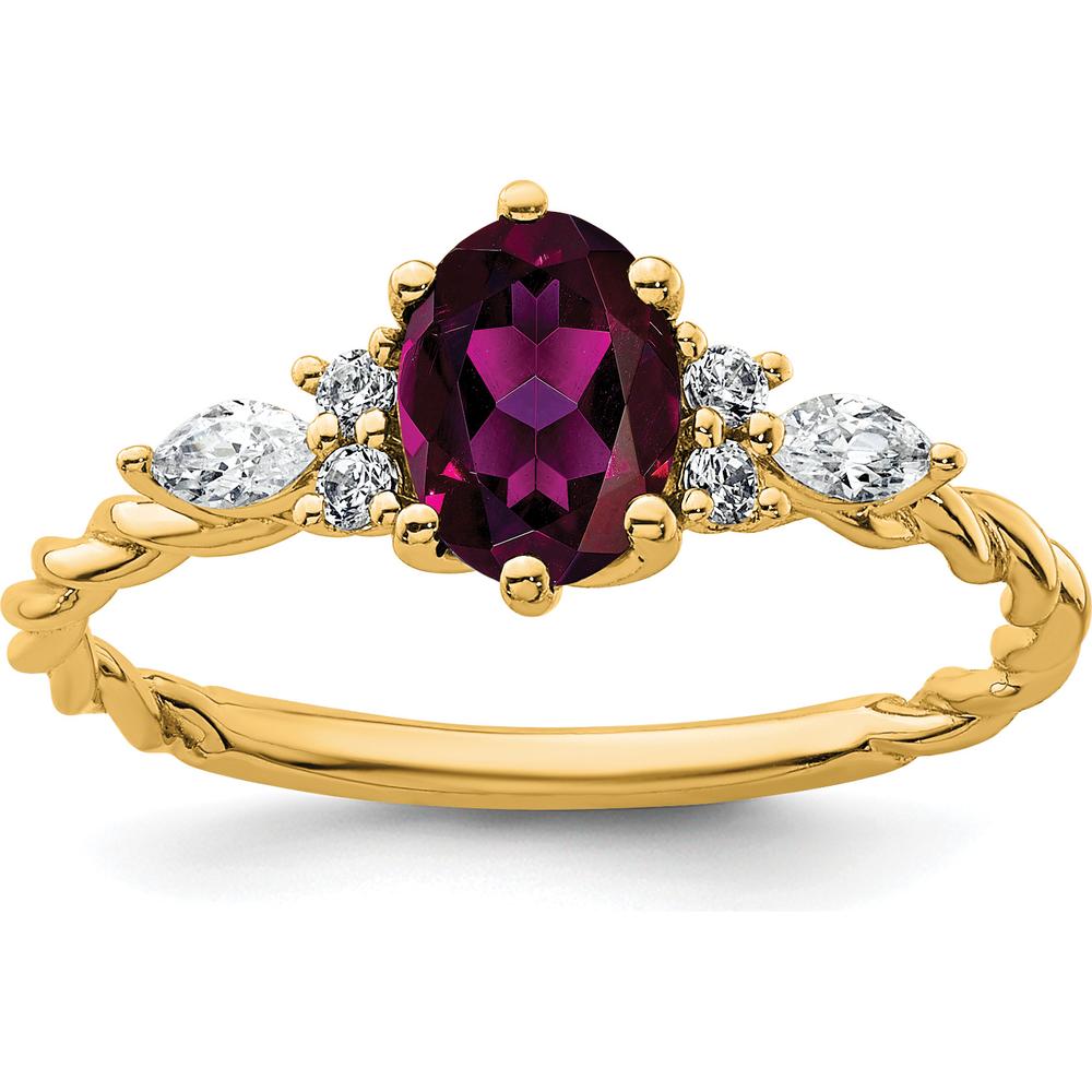 14K Yellow Gold Twisted Ring with Oval Rhodolite Garnet and Marquise Diamond Accents - 1.48 Carat Total Diamond Weight by 0