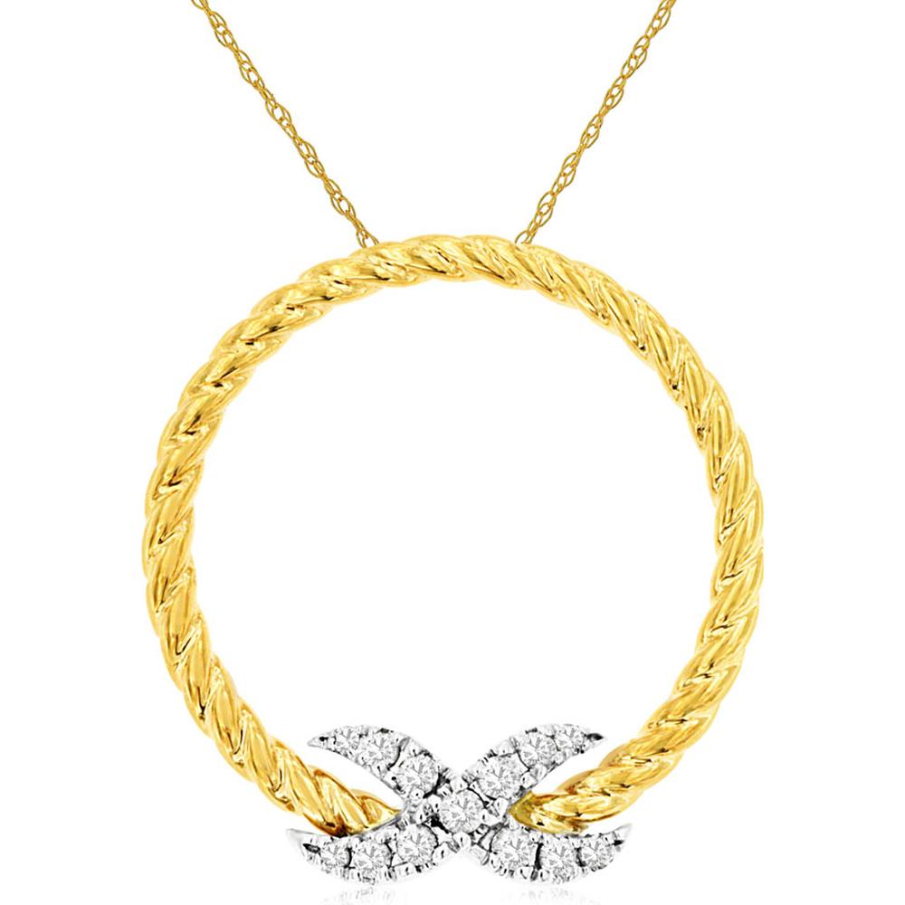 14K Yellow Gold Twisted Rope Circle Pendant with Diamond Bow Motif - 0.10 Carat Total Diamond Weight - Royal Jewelry