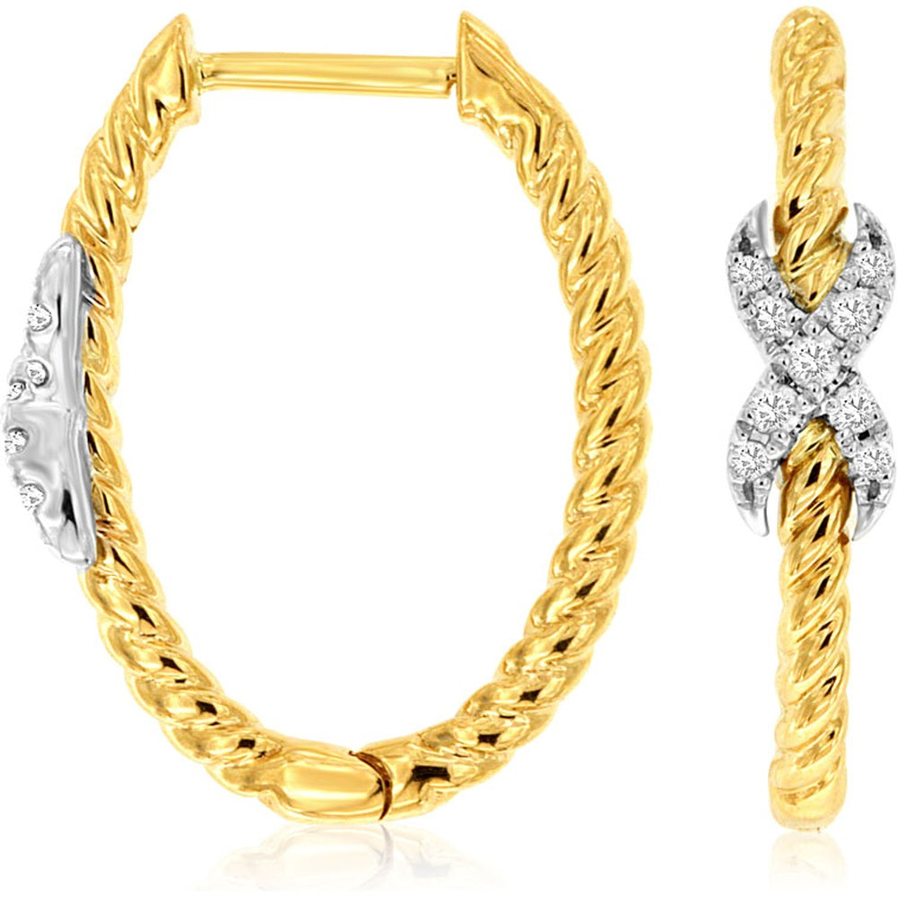 14K Yellow Gold Twisted Rope Hoop Earrings with Pavé Set Round Diamonds - 0.10 Carat Total Diamond Weight - Royal Jewelry