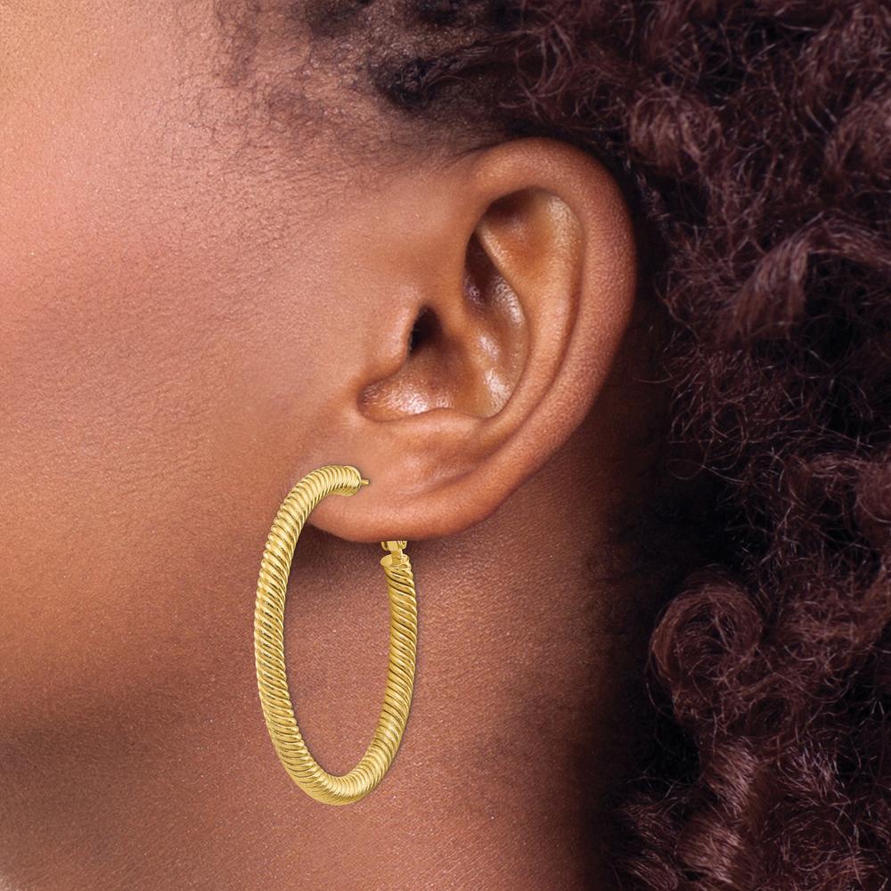 14K Yellow Gold Twisted Round Omega Back Hoop Earrings - 44mm Length by Oro Pregiato