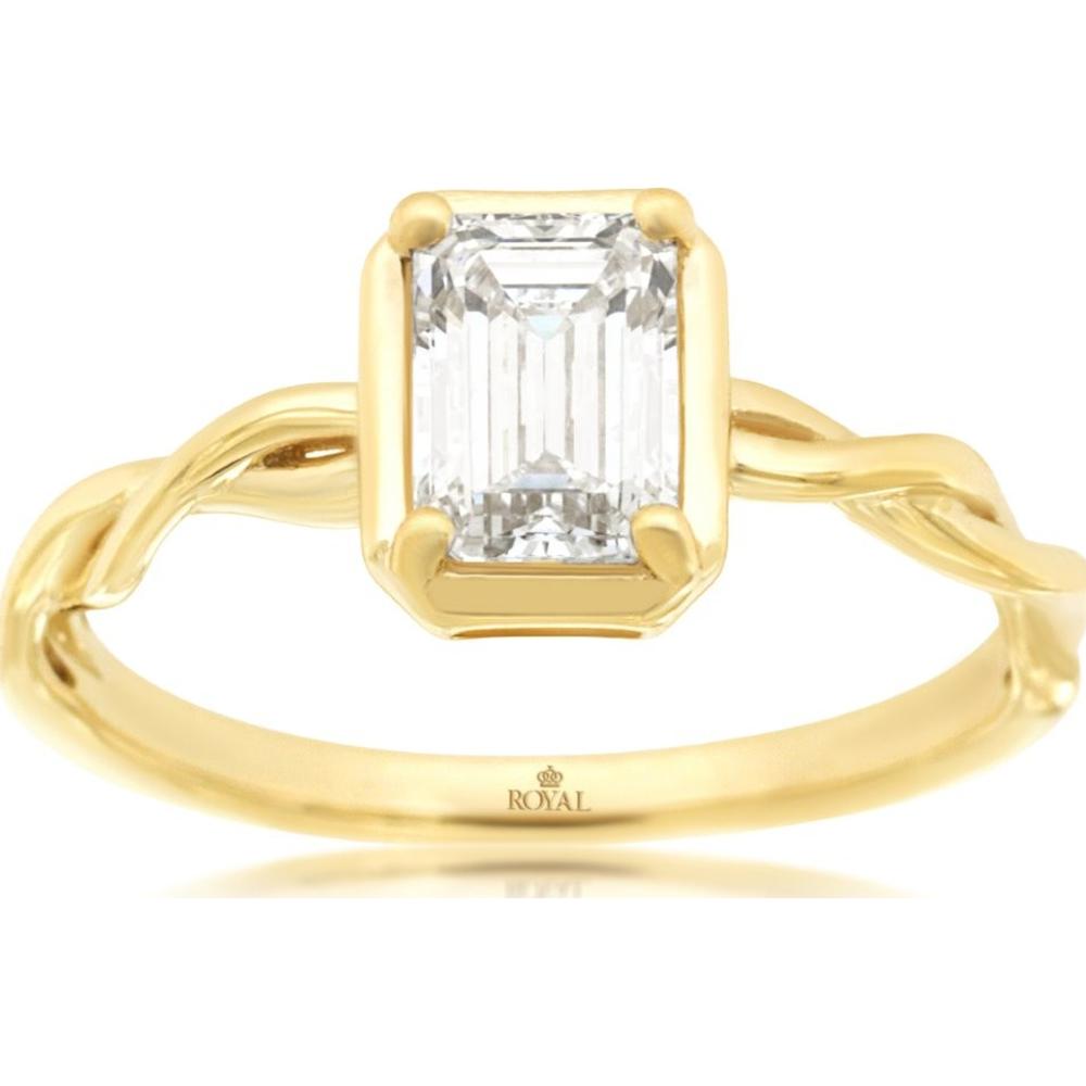 14K Yellow Gold Twisted Shank Engagement Ring with 1 Carat Emerald Cut Lab Grown Diamond in Half Bezel Setting - Royal Jewelry