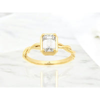 14K Yellow Gold Twisted Shank Engagement Ring with 1 Carat Emerald Cut Lab Grown Diamond in Half Bezel Setting - Royal Jewelry