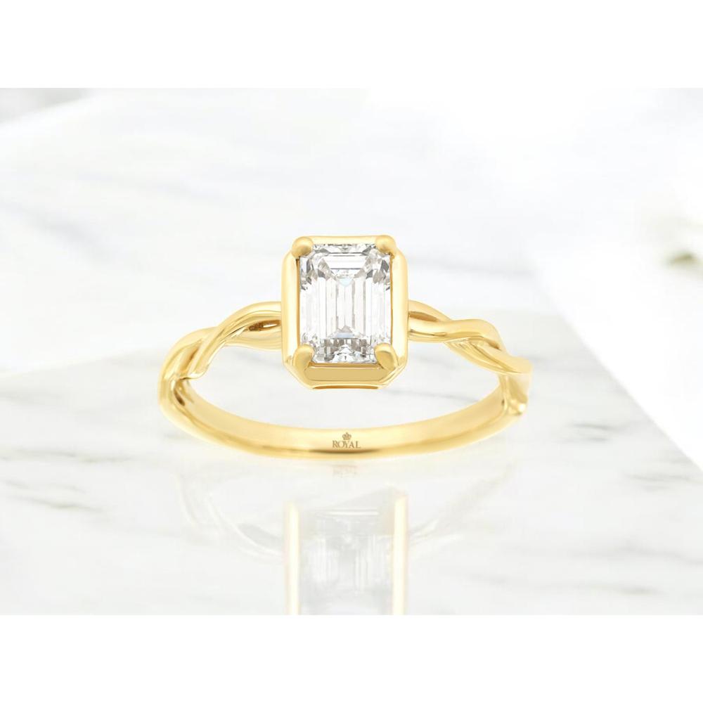 14K Yellow Gold Twisted Shank Engagement Ring with 1 Carat Emerald Cut Lab Grown Diamond in Half Bezel Setting - Royal Jewelry