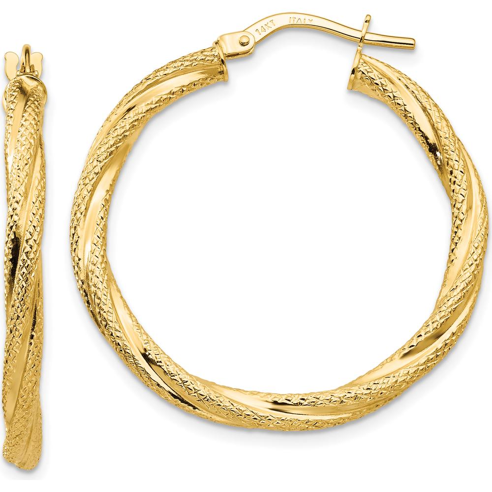14K Yellow Gold Twisted Textured Hoop Earrings - 31mm Length, 32mm Width by 0