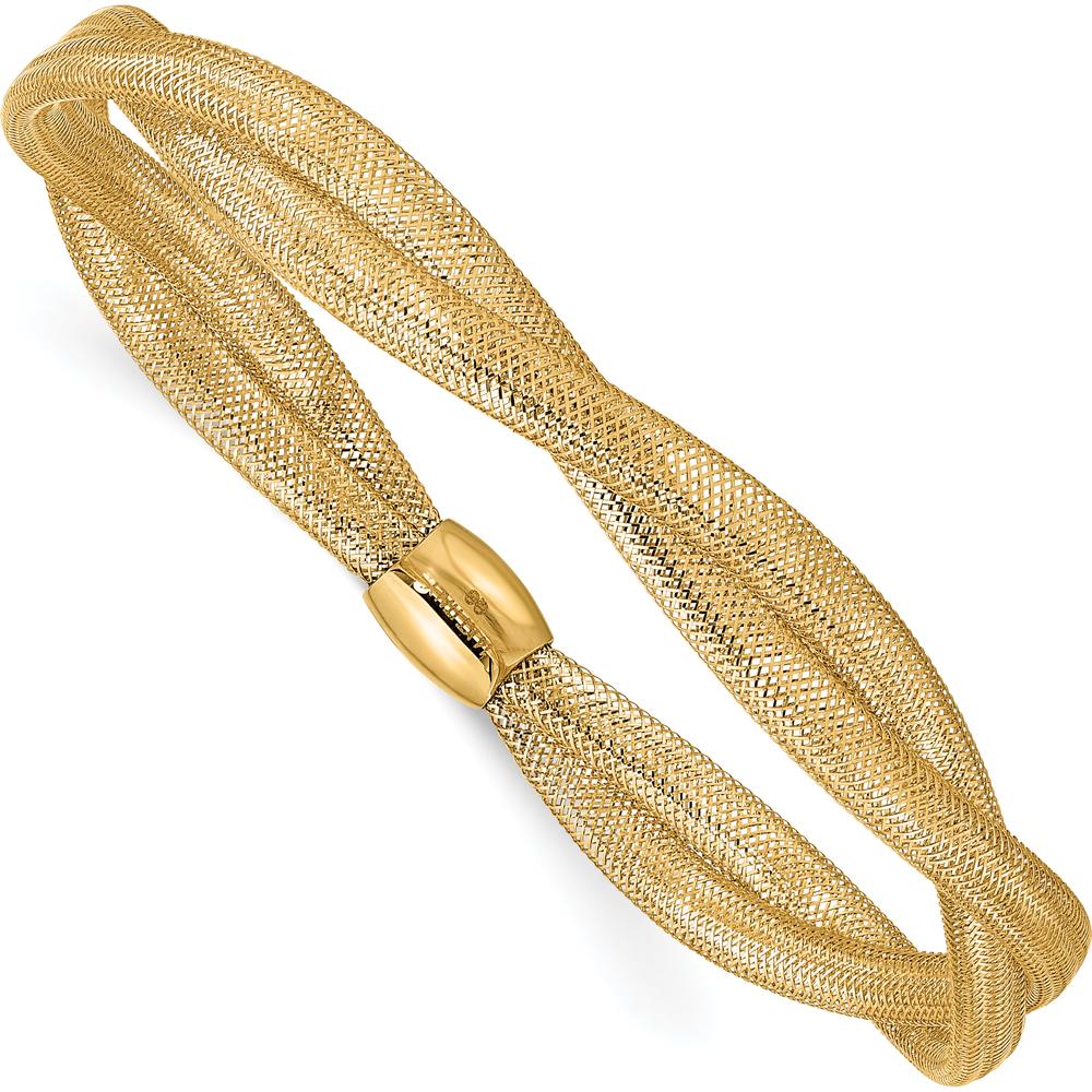 14K Yellow Gold Twisted Woven Mesh Slip-on Stretch Bracelet - 7.5mm Width by 0