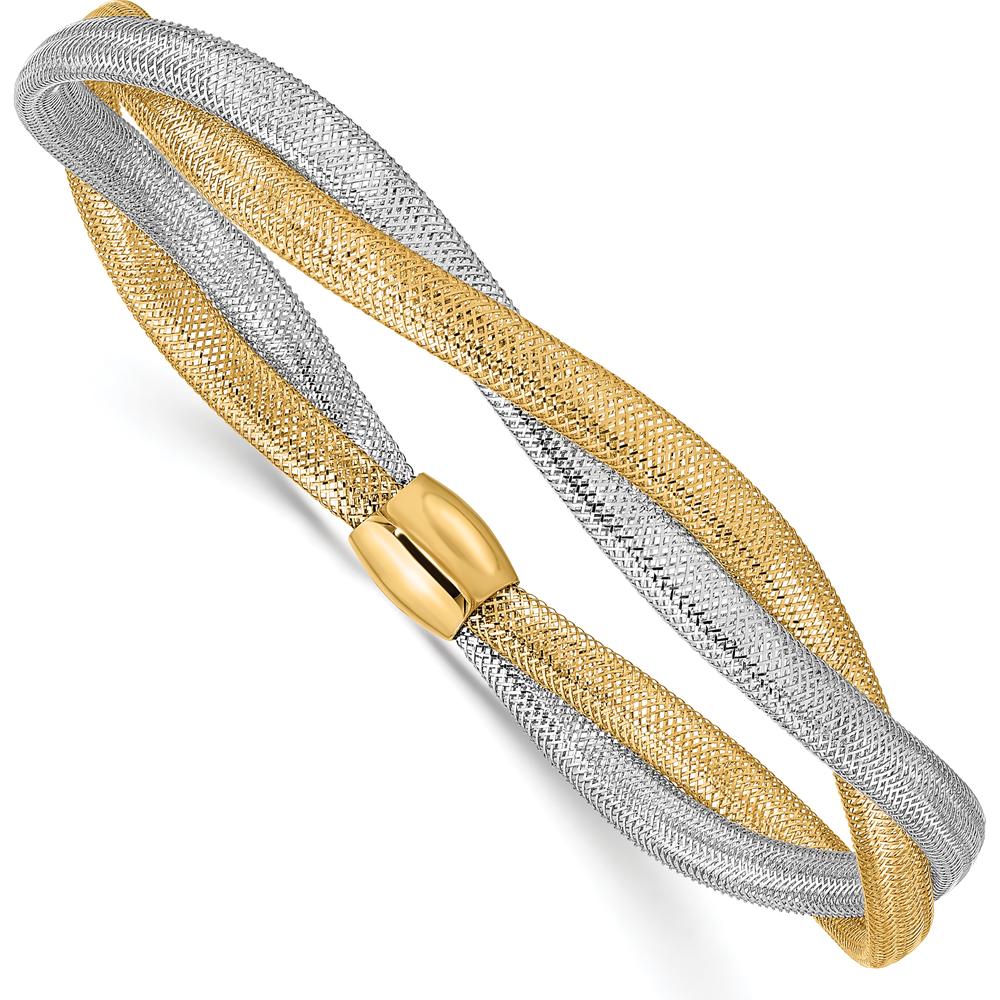 14K Yellow Gold Twisted Woven Mesh Slip-on Stretch Bracelet - 7.5mm Width by 0