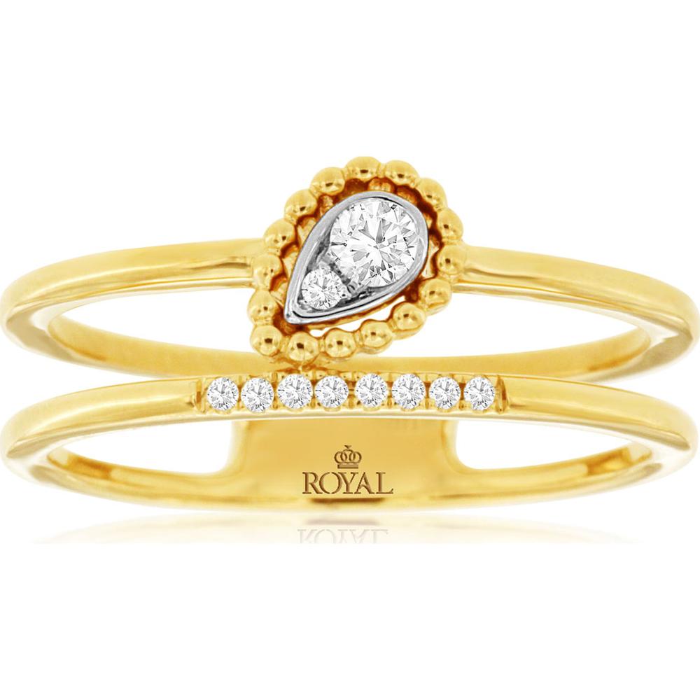 14K Yellow Gold Two-Band Diamond Ring with Pear-Shaped Bezel Set Center and Channel Set Accents - 0.10 Carat Total Diamond Weight - Royal Jewelry