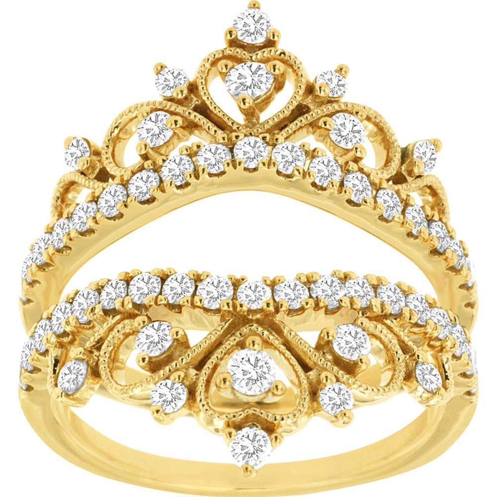 14K Yellow Gold Two-Piece Diamond Insert Crown Ring with Milgrain Detailing and Heart Motif - 1.00 Carat Total Diamond Weight - Royal Jewelry
