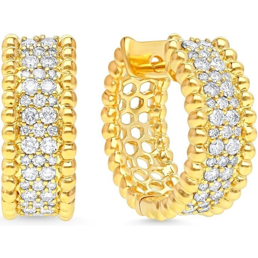14K Yellow Gold Two Row Diamond Huggie Earrings with Milgrain Beaded Borders - 0.73 Carat Total Diamond Weight by Auriventus