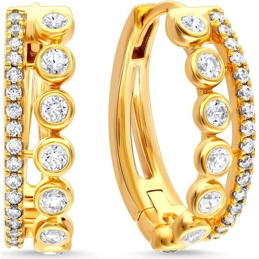 14K Yellow Gold Two-Row Huggie Earrings with Bezel-Set Round Diamonds and Pavé Diamond Outer Rim - 0.82 Carat Total Diamond Weight by Auriventus