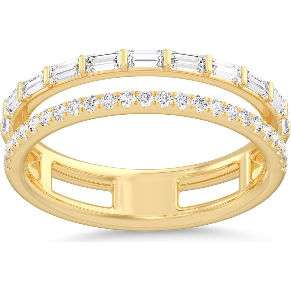 14K Yellow Gold Two-Row Open Space Fashion Ring with Baguette and Round Diamonds - 0.54 Carat Total Diamond Weight by Auriventus
