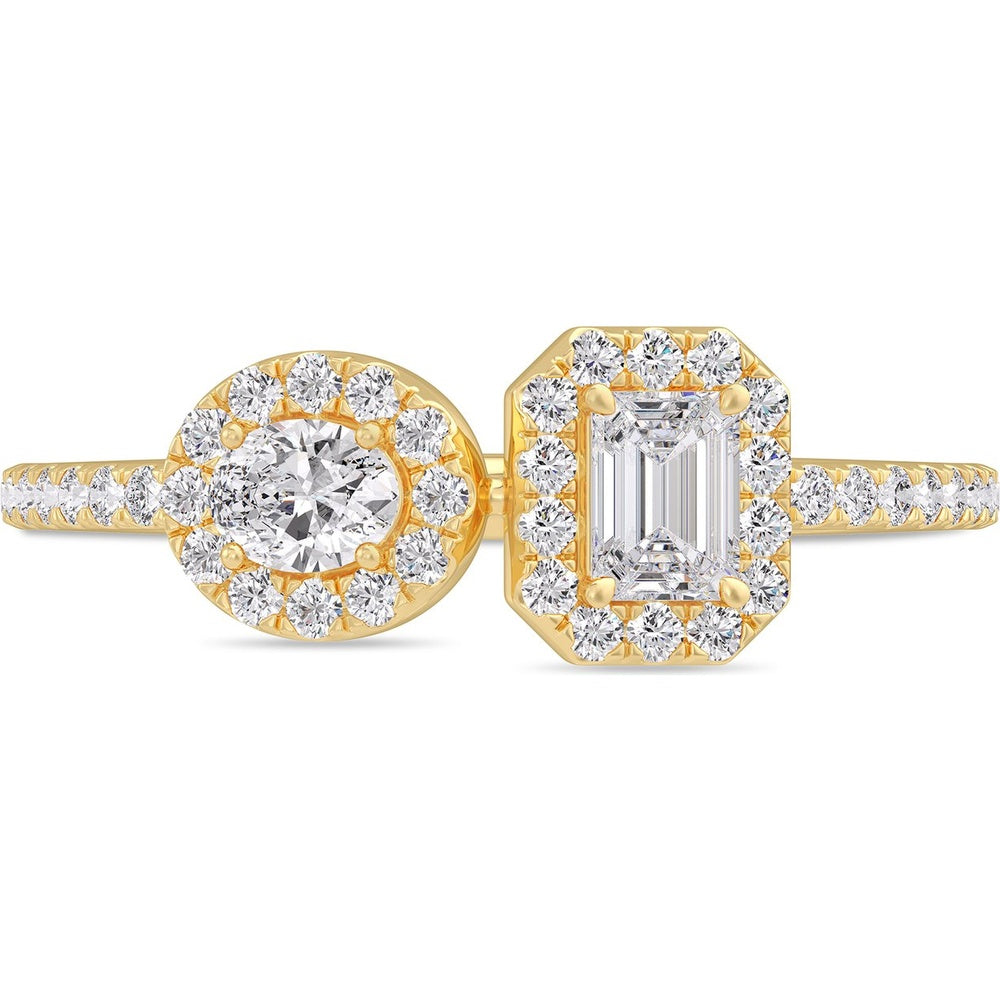 14K Yellow Gold Two-Stone Fashion Ring with Round and Emerald Cut Diamond Halos - 0.74 Carat Total Diamond Weight by Auriventus