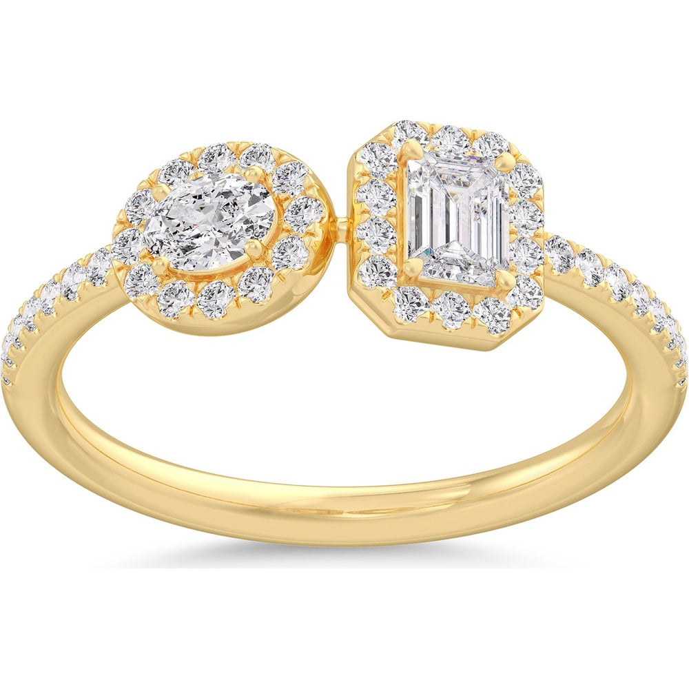14K Yellow Gold Two-Stone Fashion Ring with Round and Emerald Cut Diamond Halos - 0.74 Carat Total Diamond Weight by Auriventus
