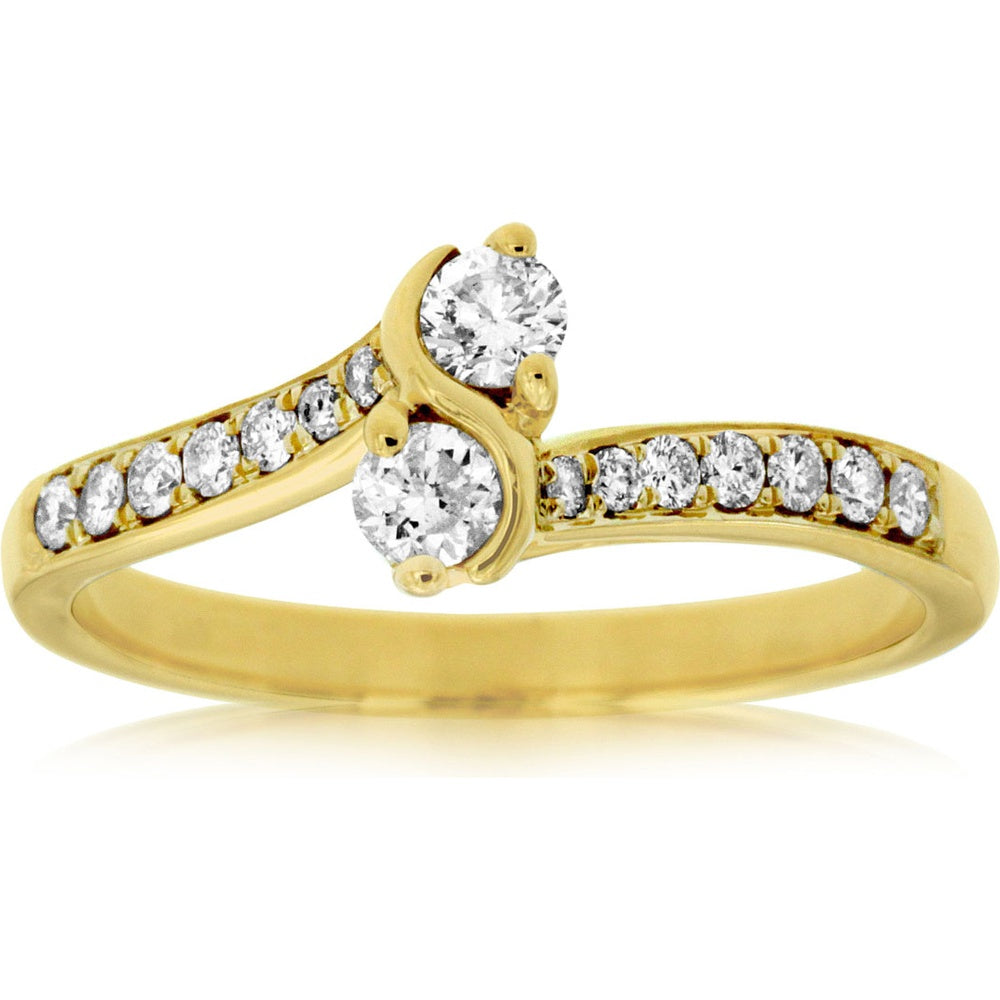 14K Yellow Gold Two-Stone Free Form Engagement Ring with Pave Set Round Diamonds - 0.37 Carat Total Diamond Weight - Royal Jewelry