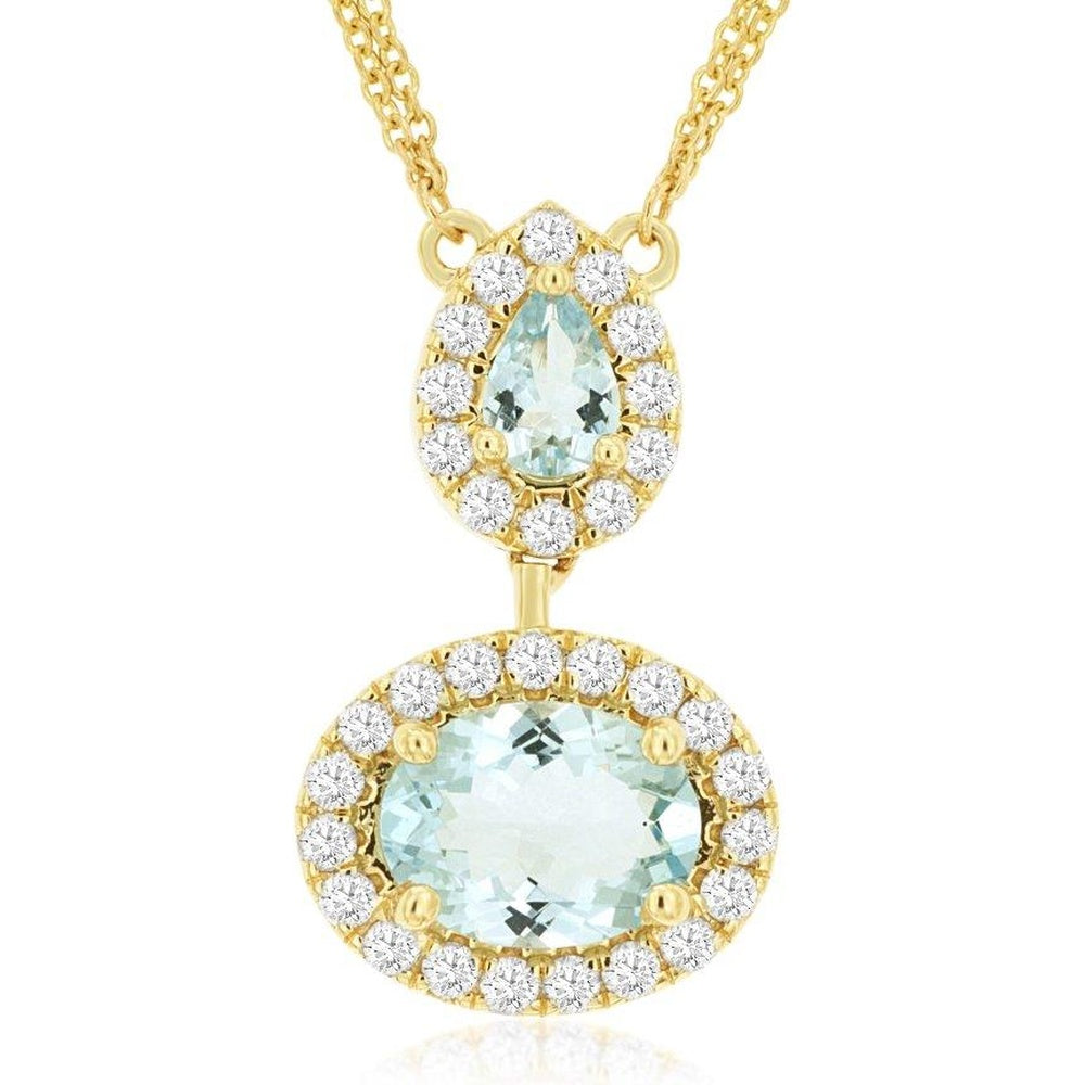 14K Yellow Gold Two-Stone Halo Pendant with Pear-Cut and Oval-Cut Aquamarines and Round Diamonds - 0.57 Carat Pear Aquamarine and 1.80 Carat Oval Aquamarine Total Gem Weight - Royal Jewelry