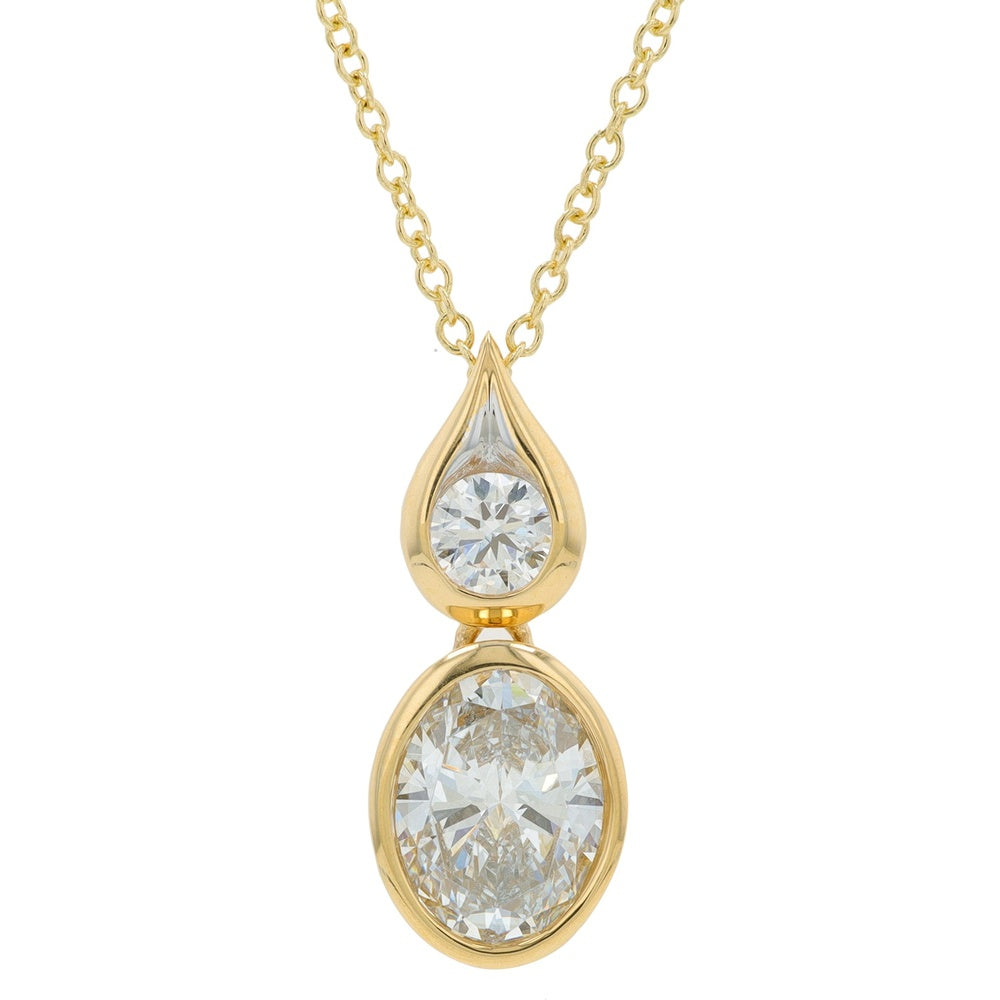 14K Yellow Gold Two-Stone Pendant with Bezel Set Oval and Round Lab Grown Diamonds - 1.75 Carat Total Diamond Weight