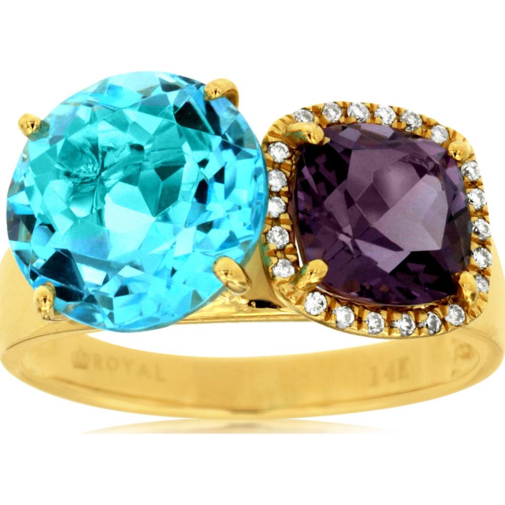 14K Yellow Gold Two-Stone Ring with 6.00 Carat Round Blue Topaz and Cushion Cut Amethyst with Diamond Halo - 0.07 Carat Total Diamond Weight - Royal Jewelry
